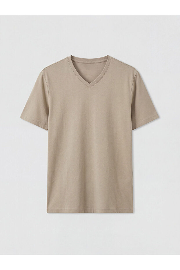 Beige V-Neck Combed Cotton Men's T-Shirt