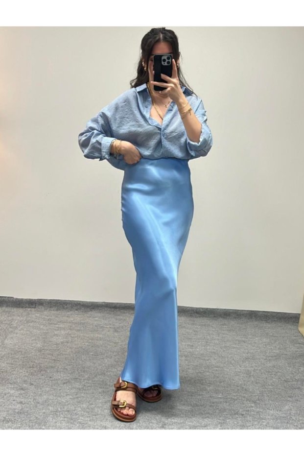 Women's Blue Long Elastic Waist Satin Skirt