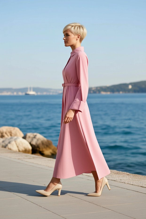 Women's Maxi Dress A-Line Collar Long Sleeve Woven Plain Pattern Unlined Functional Comfortable