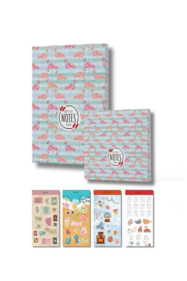 Flamingo Patterned Design Notebook Set - 4 Pages with Stickers as a Gift