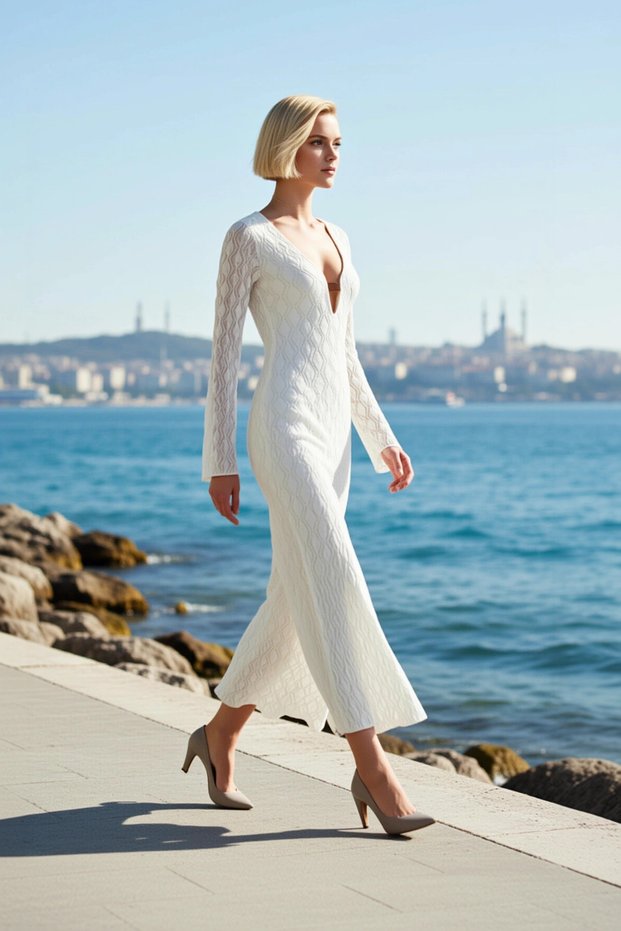 Women's Maxi Dress V-Neck Long Sleeve Knitted Patterned Accessory Detailed Molded Unlined Knitted Fabric