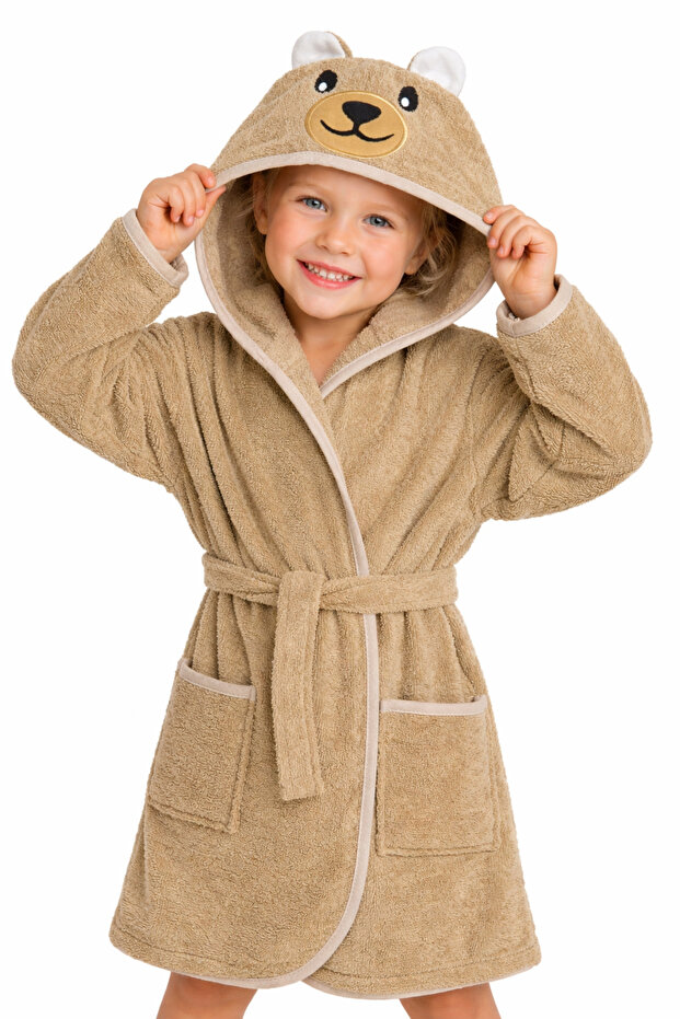 Children's Hooded Bathrobe with Teddy Bear Model – Soft Textured, Pocketed, Belted Children's Bathrobe