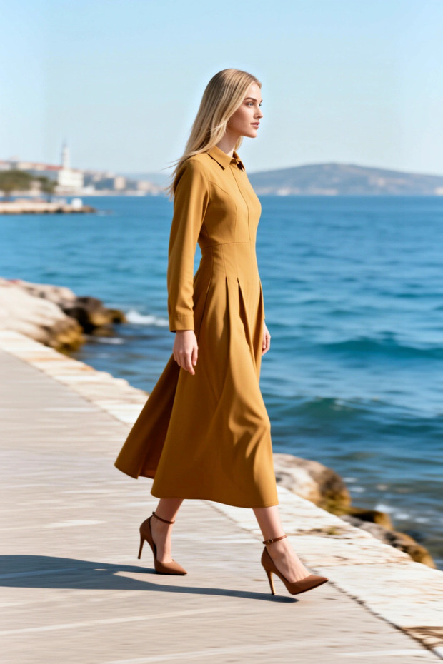 Women's Dress Shirt Collar Long Sleeve A-Line Maxi Length Woven Terrycotton Plain Pattern Unlined Belted