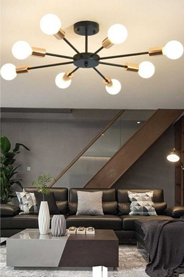 Pervane 8'li Siyah Gold Sarı Avize - 1