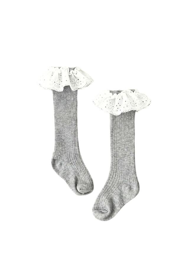 Devojčice, čipkaste sive čarape - 1