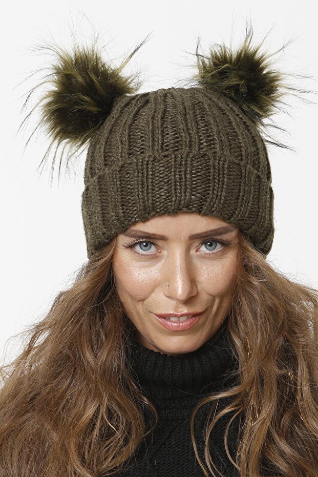 75 Folded Double Pompom Knitted Beanie - Khaki