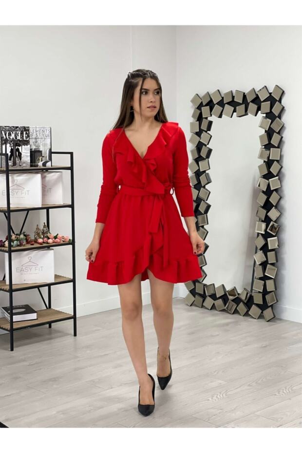 Crepe Fabric Ruffle Mini Dress Red