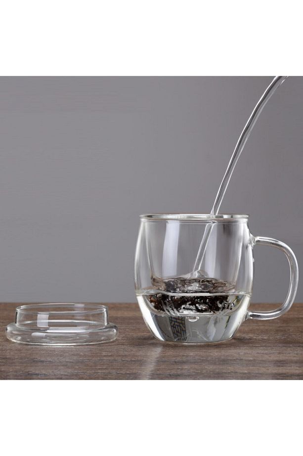 Linanware Cam Kapaklı Demleme Süzgeçli Isıya Dayanıklı Borosilikat Camdan Kupa Bardak 450 ml - 2
