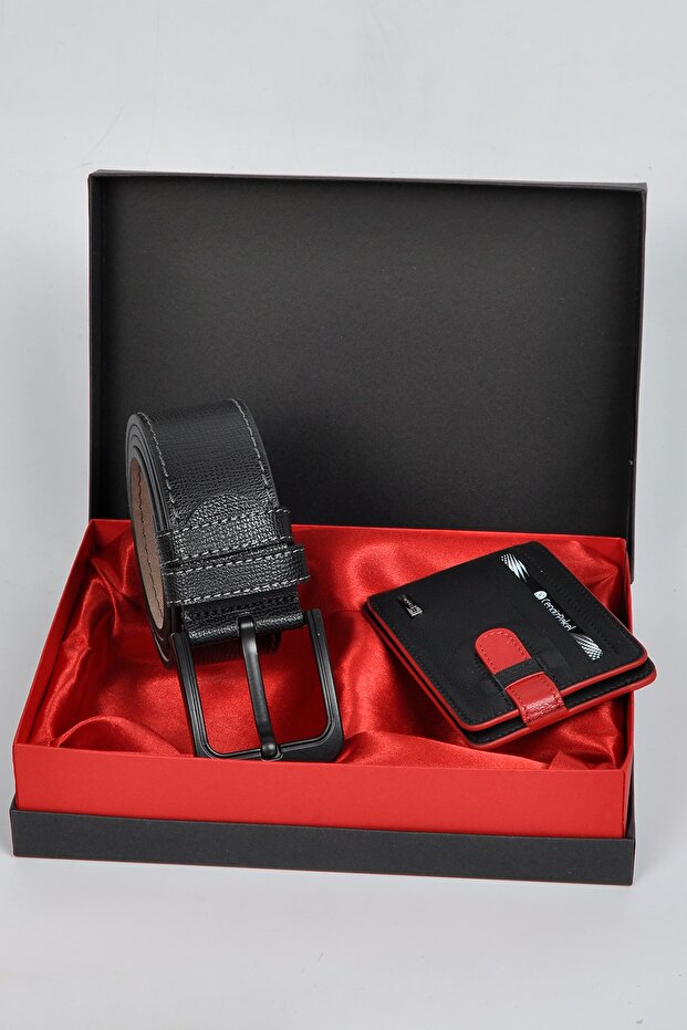 Genuine Leather Cengizpakel Jeans Belt - Card Holder Set Black-red