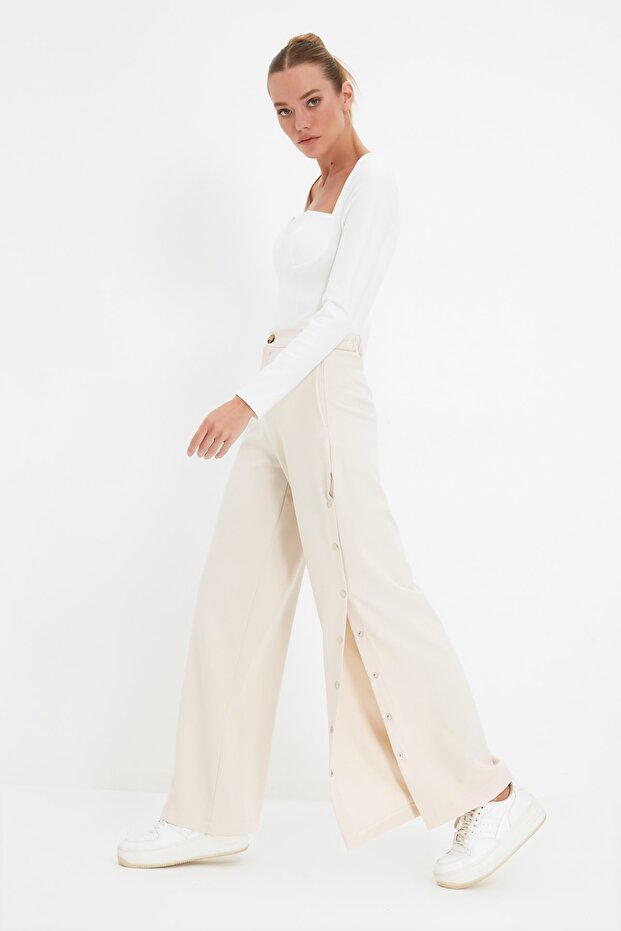 Taş Wide Leg/Geniş Paça Yanları Düğmeli Dokuma Kumaş Pantolon TWOSS20PL0398 - 2