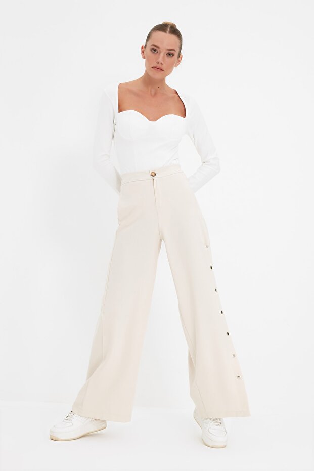 Taş Wide Leg/Geniş Paça Yanları Düğmeli Dokuma Kumaş Pantolon TWOSS20PL0398 - 3