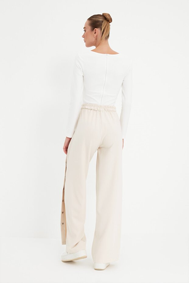 Taş Wide Leg/Geniş Paça Yanları Düğmeli Dokuma Kumaş Pantolon TWOSS20PL0398 - 4