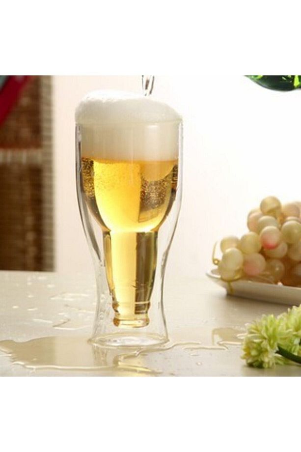 Şişe Tasarımlı Çift Cidarlı Cam Bardak, Bira Meşrubat 350 ml - 1