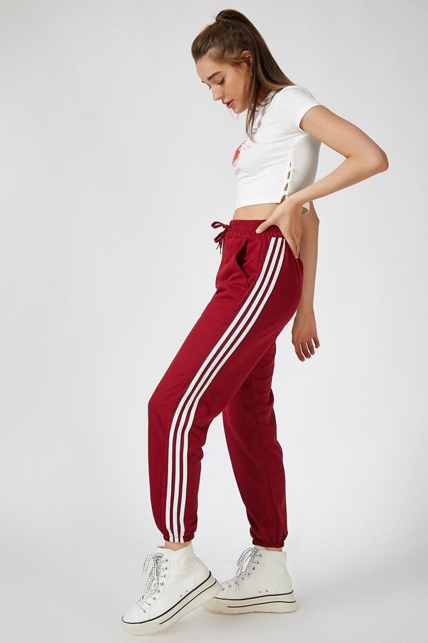 Kadın Bordo Şeritli Rahat Basic Eşofman Altı - 3