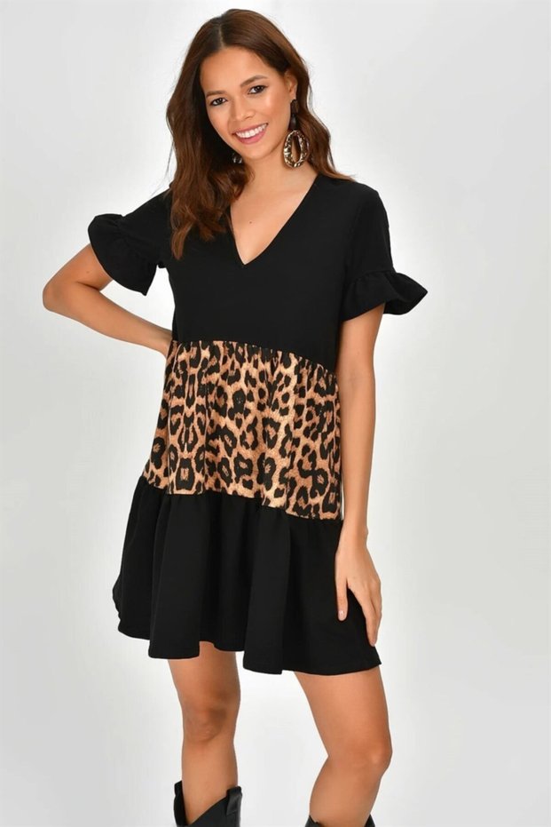Women's V-Neck Leopard Patterned Block Dress Leopard & Black
