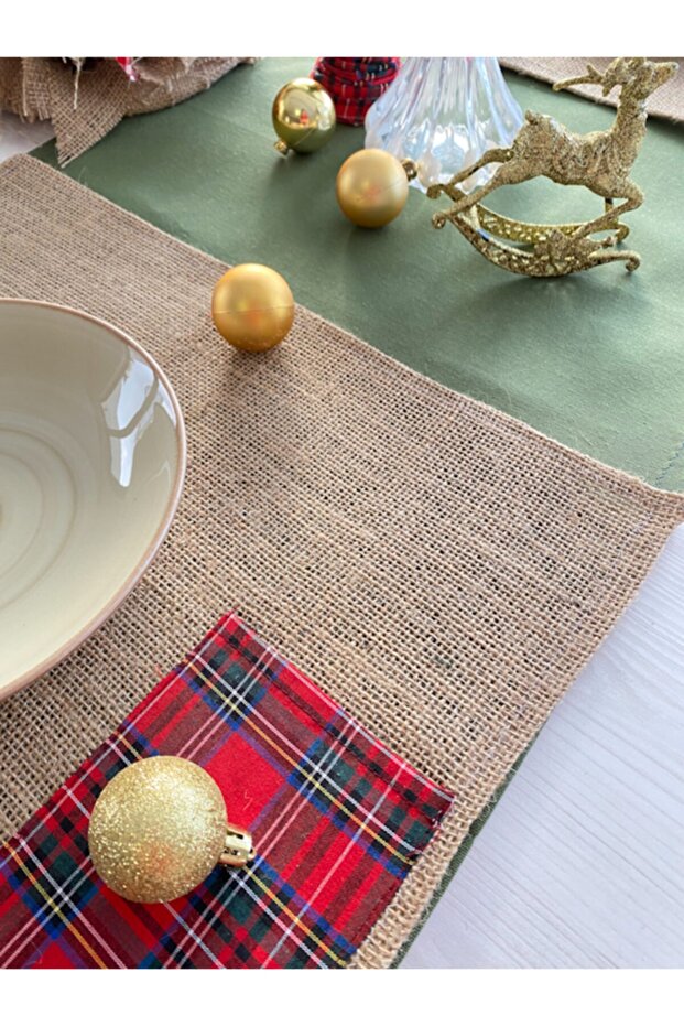 Plaid Patterned New Year Jute Concept Runner Placemat Set - 2