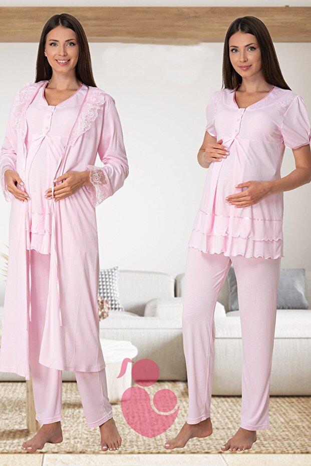 Pink Maternity Pajamas with Hidden Nursing Feature and Dressing Gown Effortt 8024