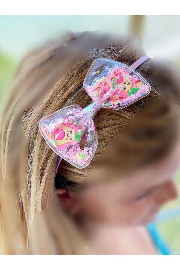 3D Sequined Glitter Movable Large Transparent Bow Satin Children's Crown Pink