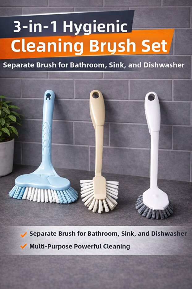 3-Piece Hygienic Cleaning Brush Set | Separate Brush for Bathroom, Sink, and Dishes | Multi-Purpose Powerful Cleaning