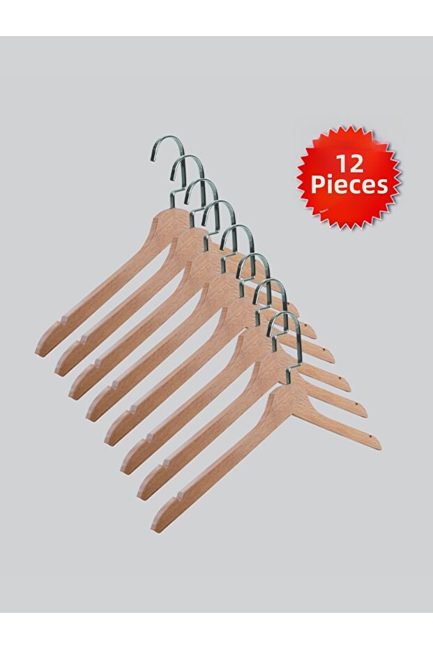 Wooden (Lama Silver Hook) Clothes, Blouses, Shirts Hangers Natural Color 12 Pieces