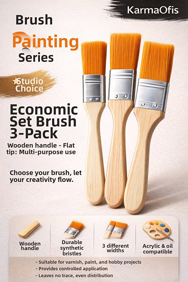 Economical Set of 3 Brushes – Flat Tip Wooden Handle, Compatible with Acrylic & Gouache Paints