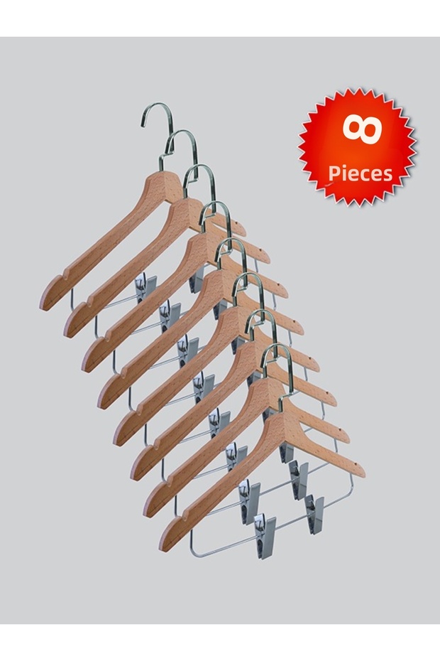 Wooden (Lama Silver Hook) Latch Shirt and Skirt Hanger Natural Color 8 Pieces