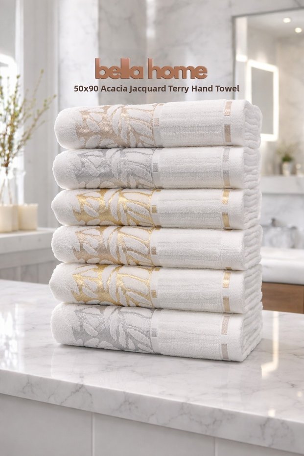 Akasya Jacquard Velvet Hand Towel | 50X90 cm | Set of 6 | 100% Cotton | Soft and Highly Absorbent