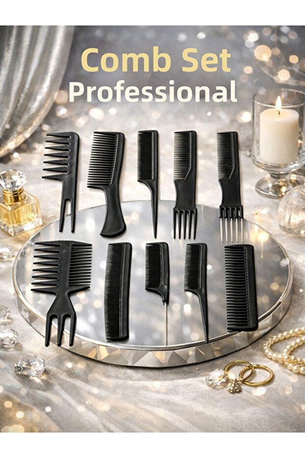 Perfect Hair Comb Set 10-Piece - Complete Set for Hairdressing, Cutting, Blow-Drying, Styling, and Separating