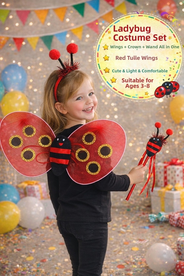 Ladybug Costume Set (Wings+Crown+Staff) Tulle Wings Kids | Suitable for Ages 3-8
