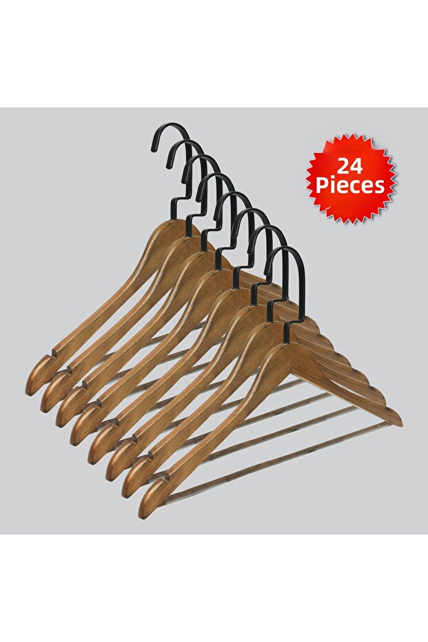 Wooden (Lama Black Hook) Hangers for Shirts, Trousers, Hangers in Walnut Color 24 Pieces