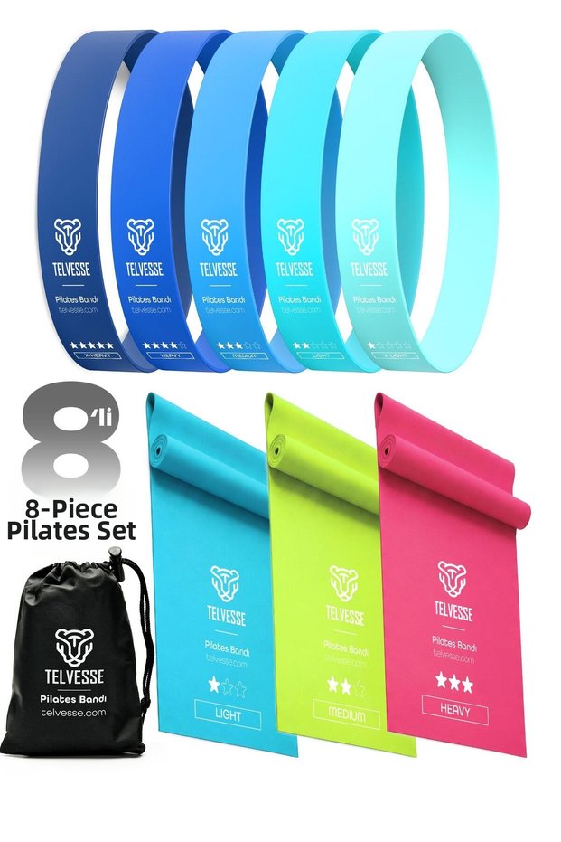 8-Piece Pilates Resistance Band Set 3 Open + 5 Closed Exercise Loops for Squats Aerobics Blue