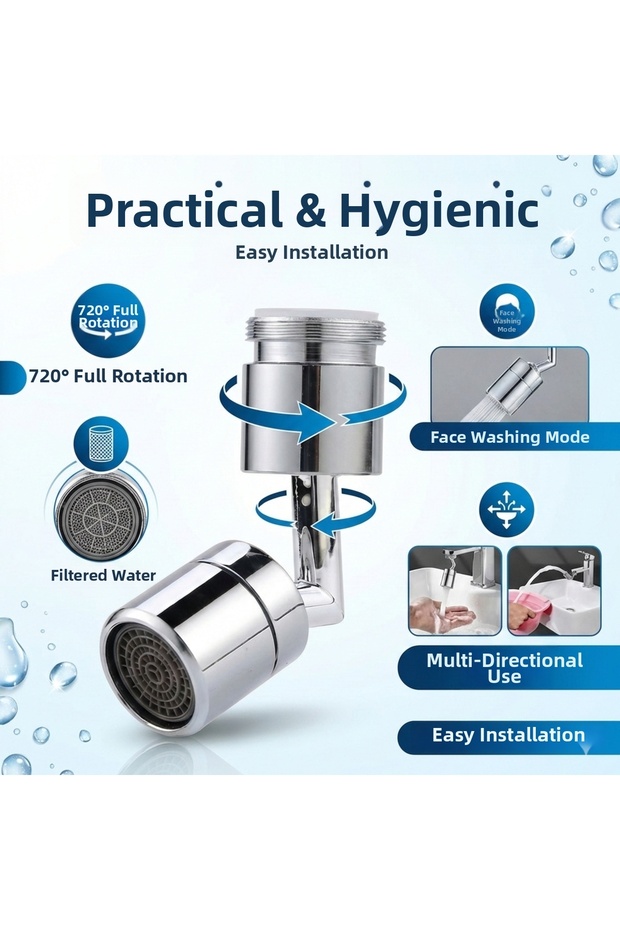 رأس صنبور مرشح قابل للدوران 720 درجة، وظيفة عالمية، رأس حوض المطبخ - 1