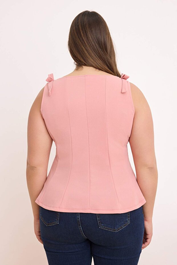 Pembe Sıfır Kol Peplum Belden Oturmalı Omuz Fiyonk Detaylı Örme Bluz TBBSS26AF00078 - 6