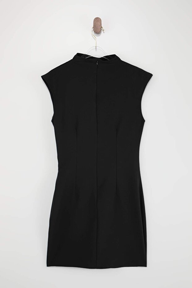 Wardrope Essentials Siyah Drape Detaylı Dik Yaka Kısa / Mini Dokuma Elbise TWOSS26EL00306 - 10