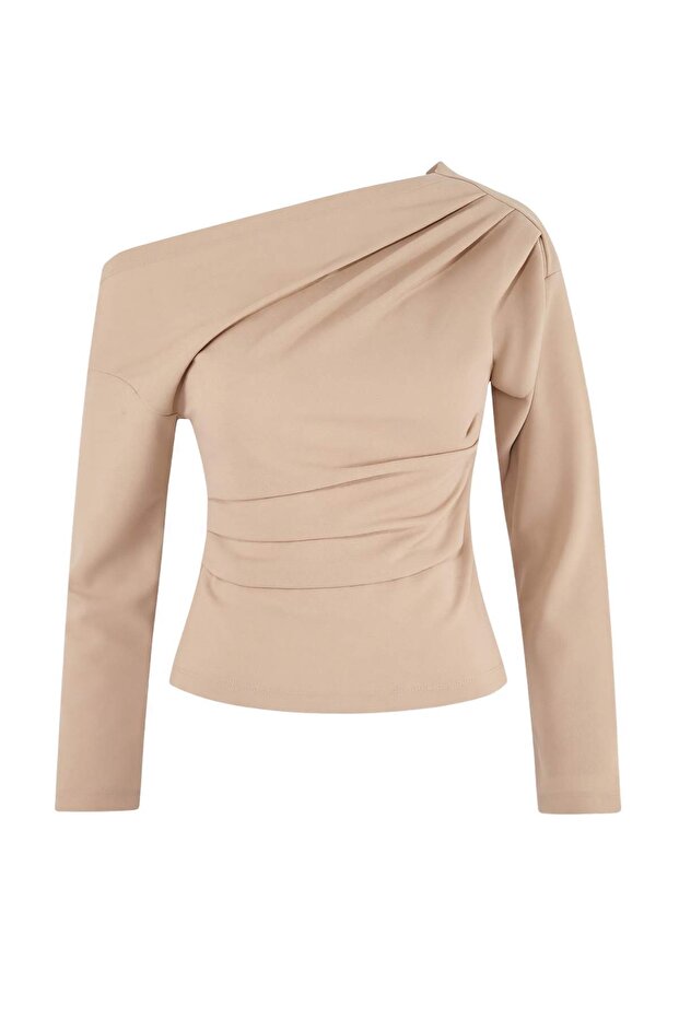 Taş Büzgü/Drape Detaylı Dökümlü Asimetrik Yaka Örme Bluz TWOAW26BZ00138 - 5
