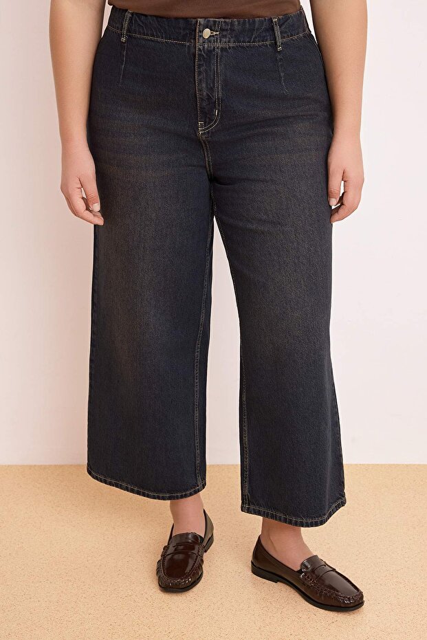Kahverengi Yüksek Bel Pens Detaylı %100 Pamuk Non-Stretch Culotte Fit Jeans TBBSS26CJ00007 - 3