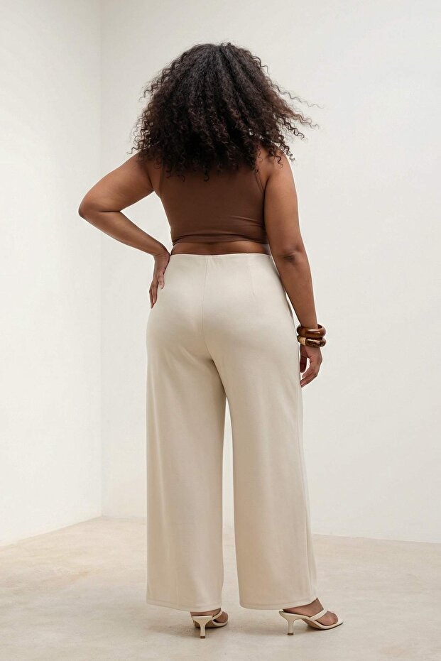Taş Pileli Wide Leg/Geniş Paça Dökümlü Örme Büyük Beden Pantolon TBBSS26AR00021 - 3