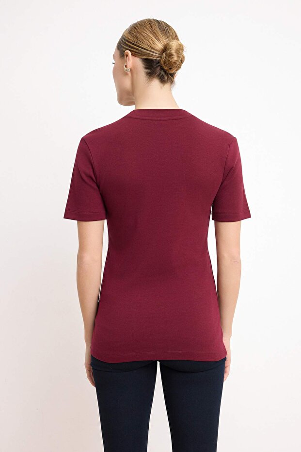 Bordo Fitted/Vücuda Oturan Kısa Kollu Pamuk Ribana Örme T-Shirt TWOSS26TS00080 - 5