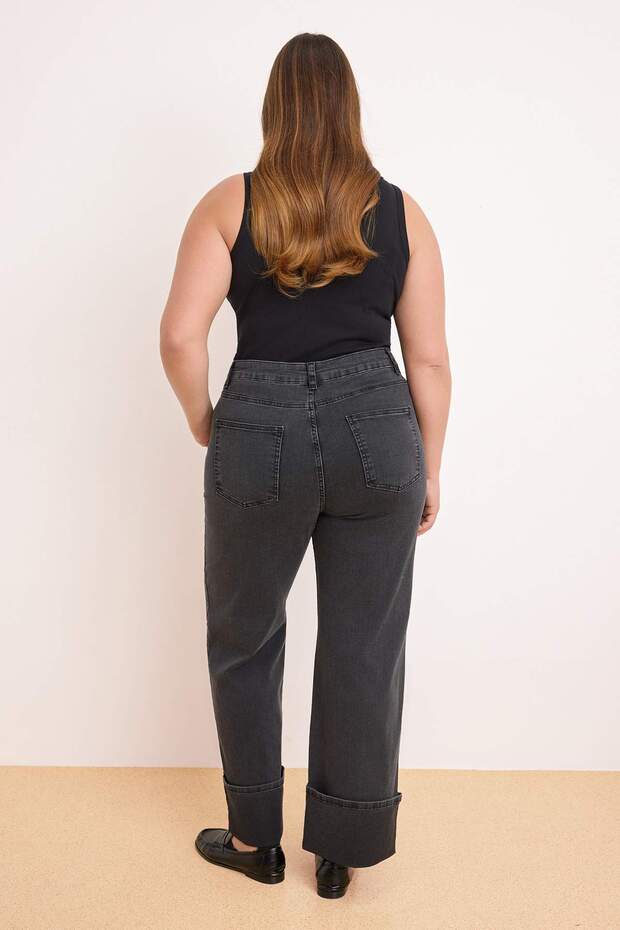 Antrasit Yüksek Bel Duble Paça Comfort/Esnek İnce Kumaş Straight Fit Jeans TBBSS26CJ00009 - 5