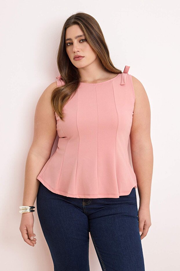 Pembe Sıfır Kol Peplum Belden Oturmalı Omuz Fiyonk Detaylı Örme Bluz TBBSS26AF00078 - 3