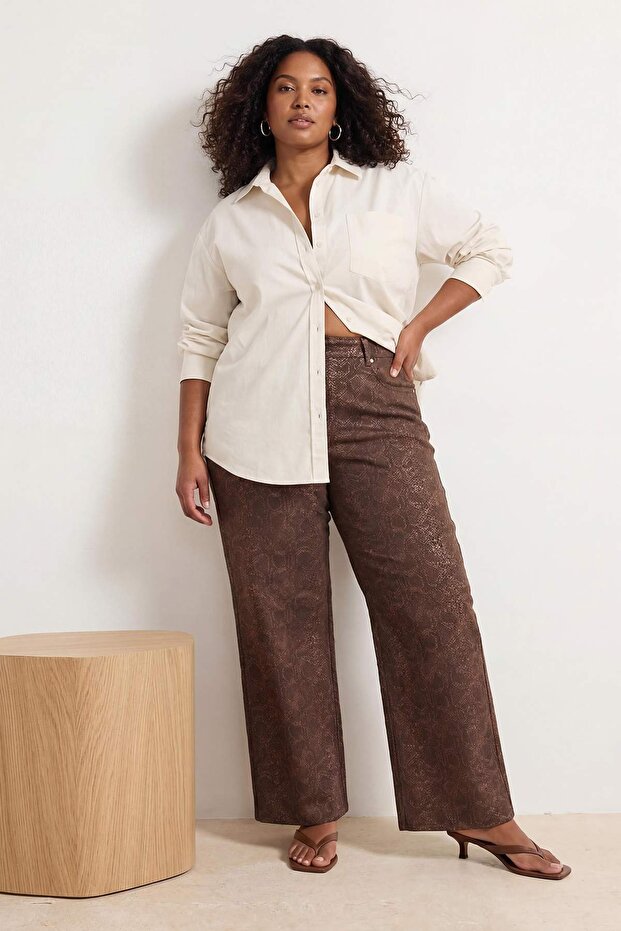 Kahverengi Yılan Desenli Yüksek Bel %100 Pamuk Non-Stretch Straight/Wide Leg Jeans TBBSS26CJ00018 - 1
