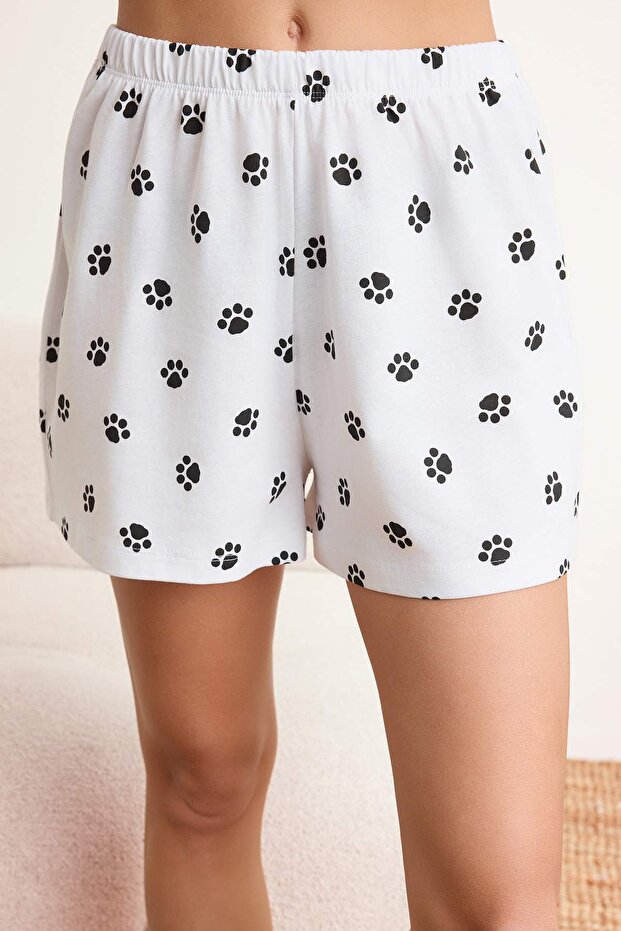 Siyah-Beyaz %100 Pamuklu Kedi ve Pati Desenli Örme Pijama Takımı THMSS26PT00044 - 3