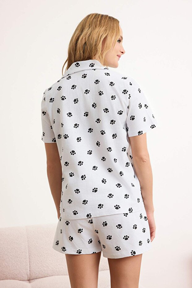 Siyah-Beyaz %100 Pamuklu Kedi ve Pati Desenli Örme Pijama Takımı THMSS26PT00044 - 4