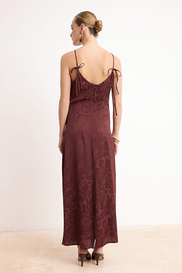 Kahverengi Büzgü ve Drape Detaylı Midi Dokuma Elbise TWOSS26EL00187 - 4