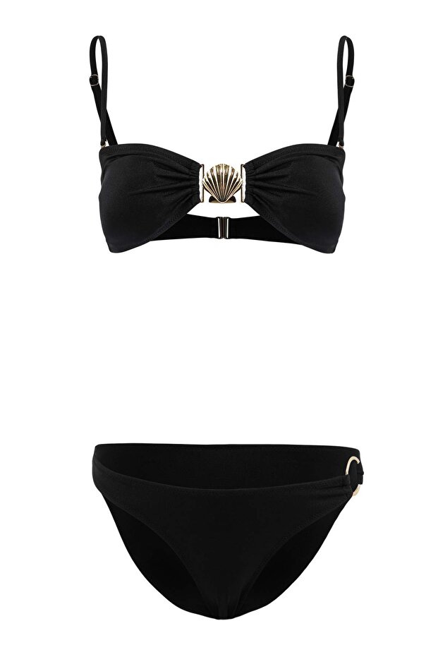 Siyah Döküm Aksesuarlı Straplez Kaplı Düşük Bel Regular Bikini Takımı TBESS26BT00005 - 3