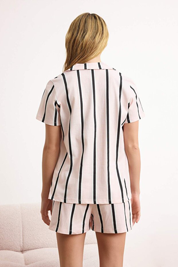 Pudra %100 Pamuklu Çizgili Şortlu Örme Pijama Takımı THMSS24PT00043 - 4