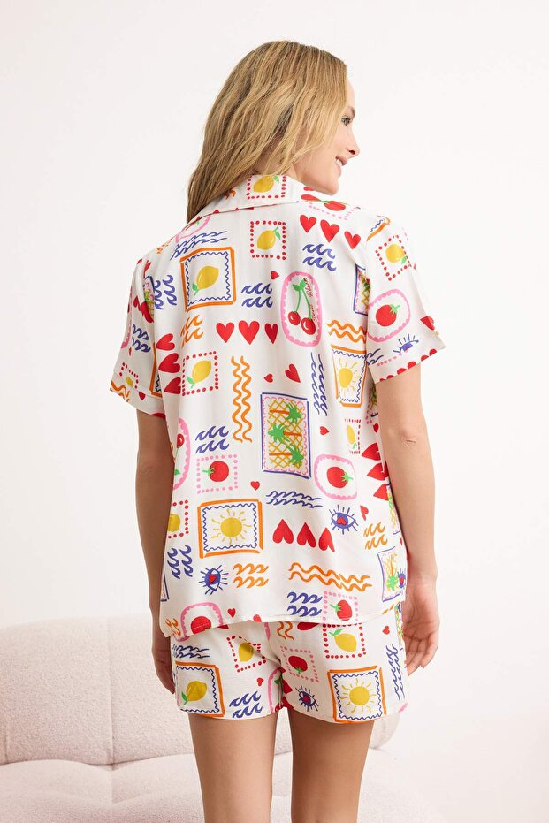 Çok Renkli Eğlence Baskılı Viskon Şortlu Dokuma Pijama Takımı THMSS26PT00055 - 4