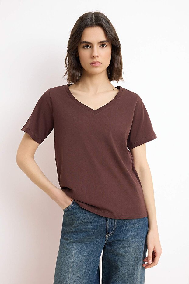 Trendyolmilla  Ekru-Kahverengi %100 Pamuk 2'li Paket Regular Kalıp Basic V Yaka Örme T-Shirt TWOSS23TS00002 - Görsel 3