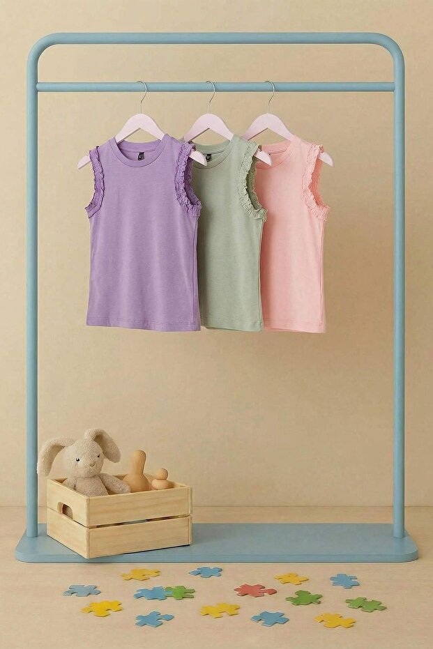 Lila-Pudra-Mint 3'lü Kız Çocuk Örme Atlet TKDSS26AL00005 - 8