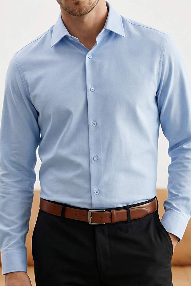 Açık Mavi Normal Kalıp/Regular Fit Gabardin Dokulu Kolay Ütülenir Erkek Dokuma Gömlek TMNSS26GO00006 - 2